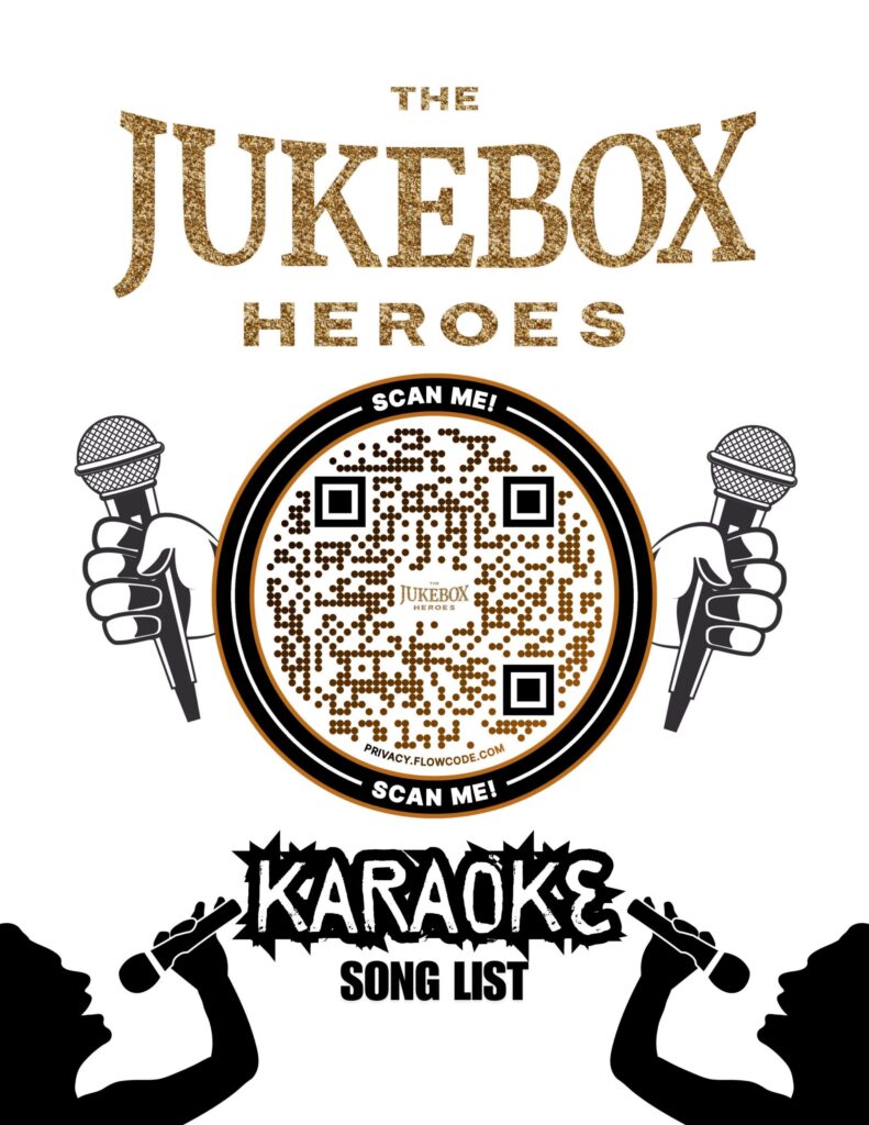 A QR code for "The Jukebox Heroes" Karaoke Song List, with illustrated microphones and singing silhouettes.