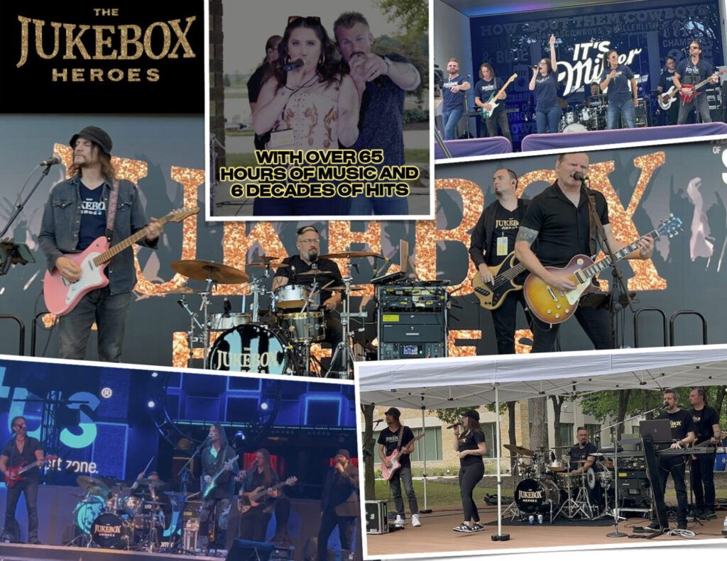 Collage of Jukebox Heroes band performing live on stage, with a sign highlighting over 65 hours of music and 6 decades of hits.